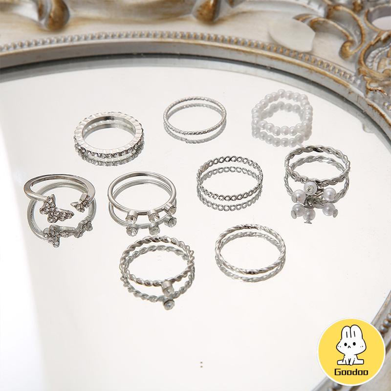 9 PCS Wanita Tipis Berongga Mutiara Kristal Kupu-kupu Berlian Premium Knuckle Ring Set -Doo