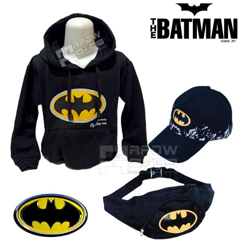 Jaket Sweater Hoodie Anak Laki-laki Batman 4 in1 Free Topi Tas Waistbag Dan Jam Tangan