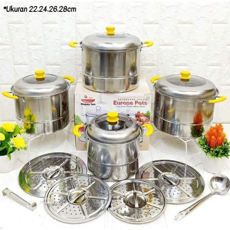 Panci Set EUROPE POTS STEAMER HAPPY FUN Stok Pot Stainless Steel Tutup Kaca 12 Pcs