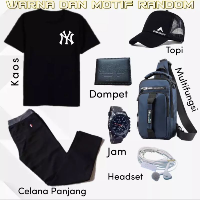 PAKET HEMAT 7 IN 1 CELANA PANJANG, KAOS DISTRO, TOPI, TAS, HEADSET, DOMPET DAN JAM TANGAN