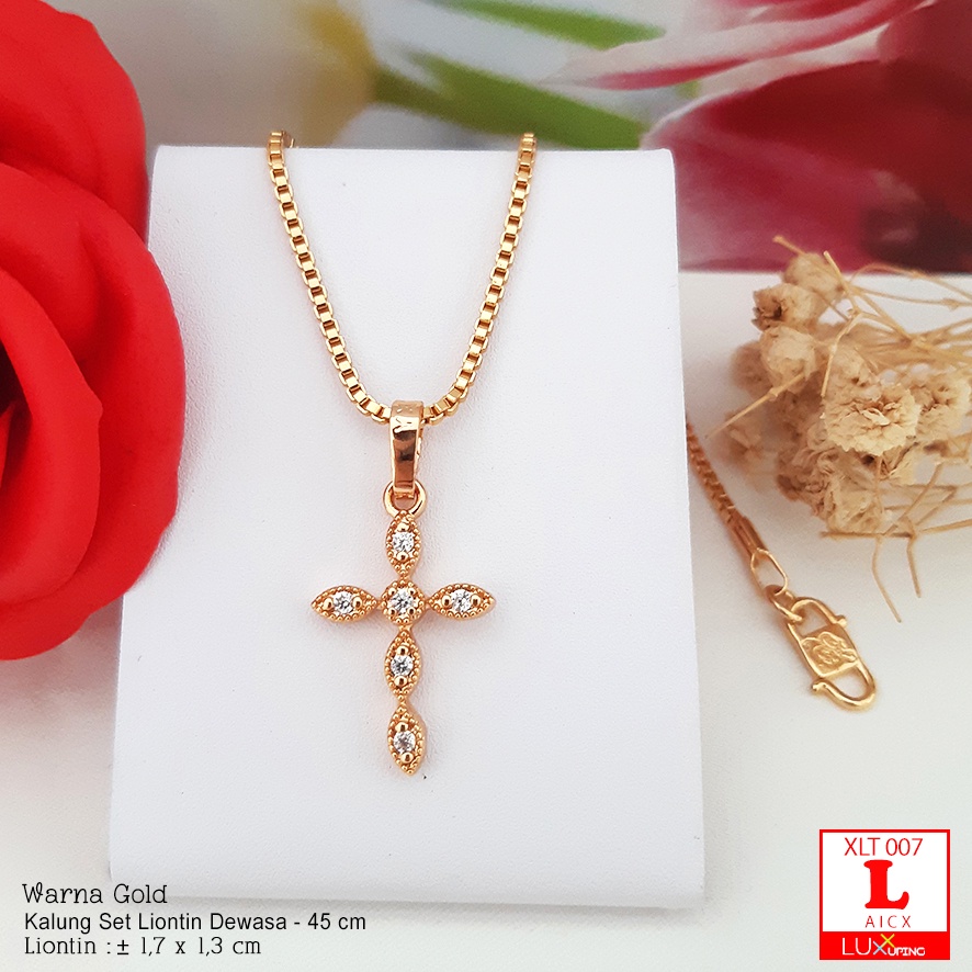 XLT 007  Kalung Set Liontin Salib Kristen Katolik Dengan Permata Sirkon Perhiasan Lapis Emas Imitasi 18K Aksesoris Rohani Salib Corpus Tubuh Yesus Rosario Kalung Xuping 45 cm Luxx Xuping