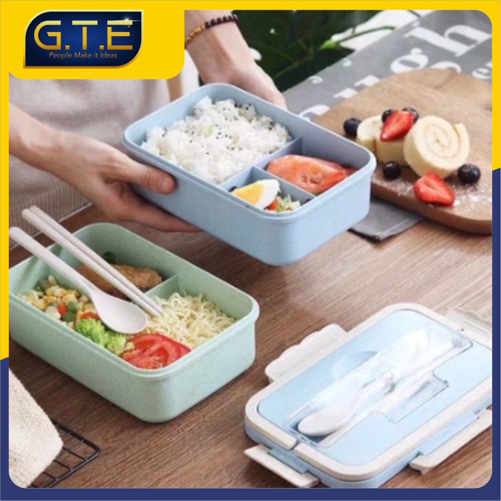 Lunch Box Set Kotak Bekal Makan Jerami Gandum kotak makan Anti Tumpah Free Sendok dan Garpu