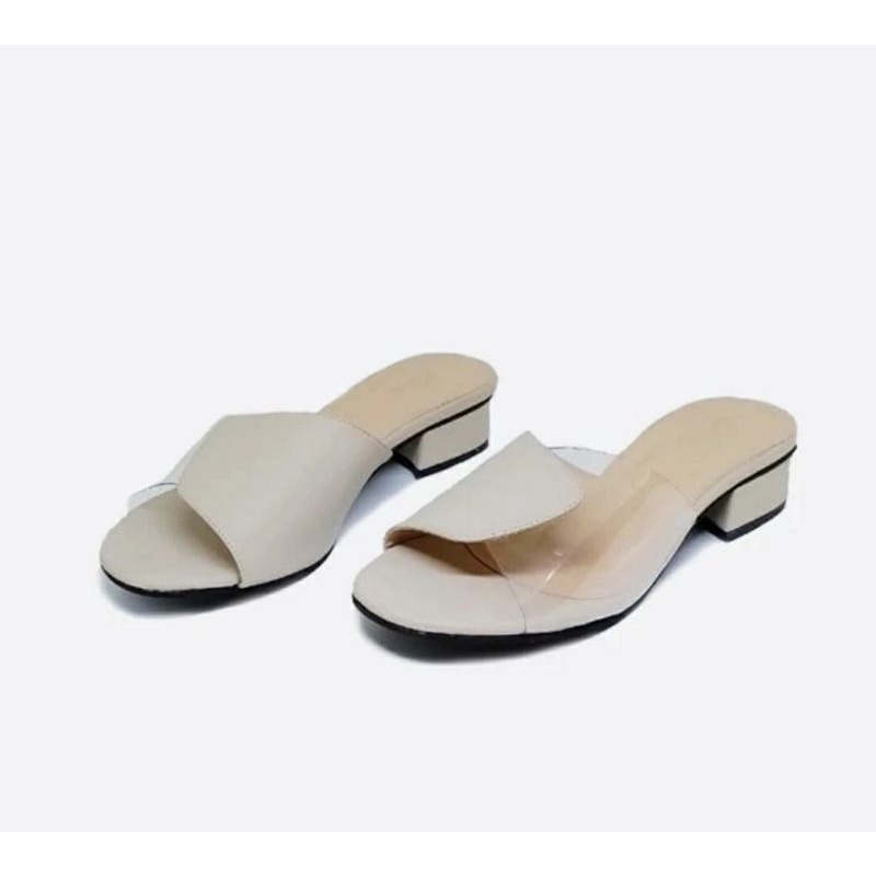 Sandal Wanita MK-128Krem Ukuran Besar 41.45 Sendal Ibu2 Pengajian Slop 3cm Big Size JUMBO Krem Original