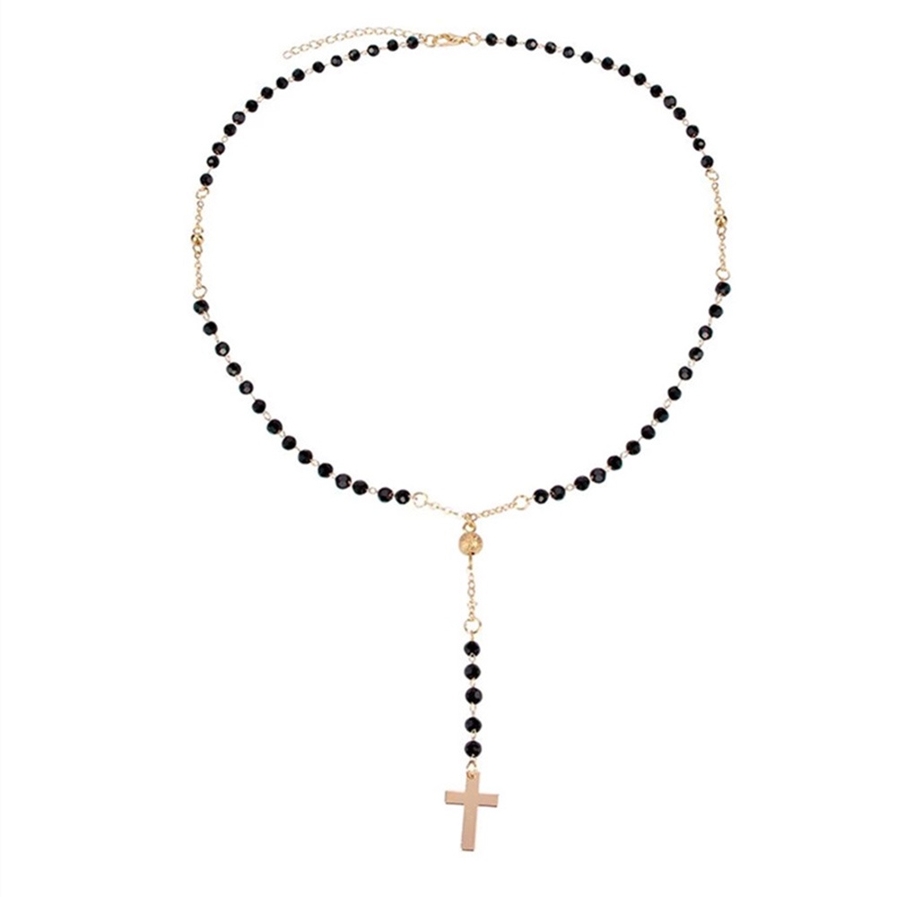 Kalung Choker Rantai Liontin Salib Hias Manik-Manik Kristal Hitam Gaya Bohemian