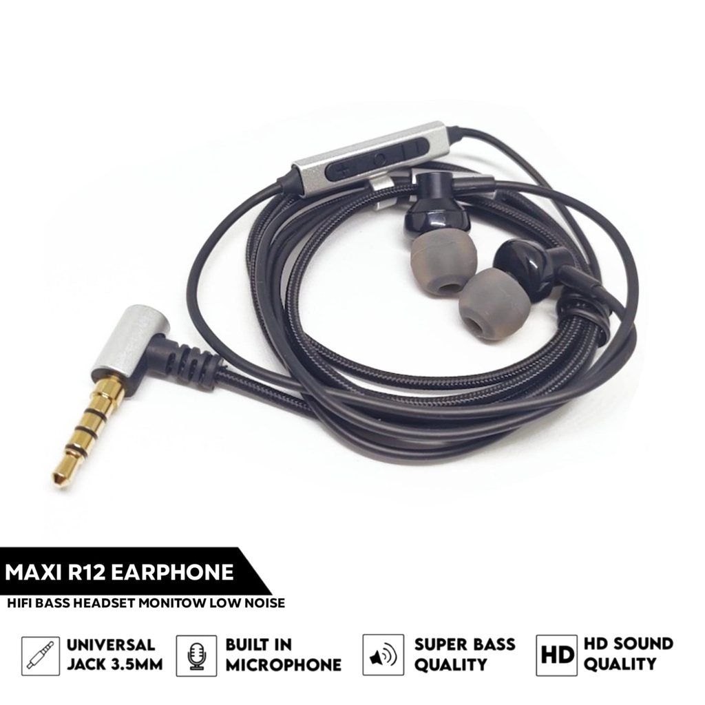 Maxi R12 HiFi Bass Headset Monitor Low Noise Earphone With Mic