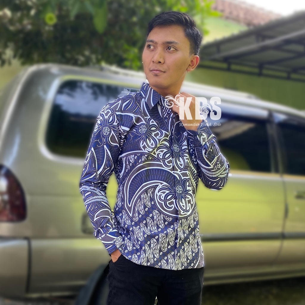Kemeja Outer Batik Pria Gandewa Biru Lengan Panjang Katun Halus Inner Furing