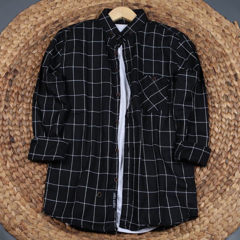 F1 KEMEJA FLANEL HITAM GARIS PUTIH