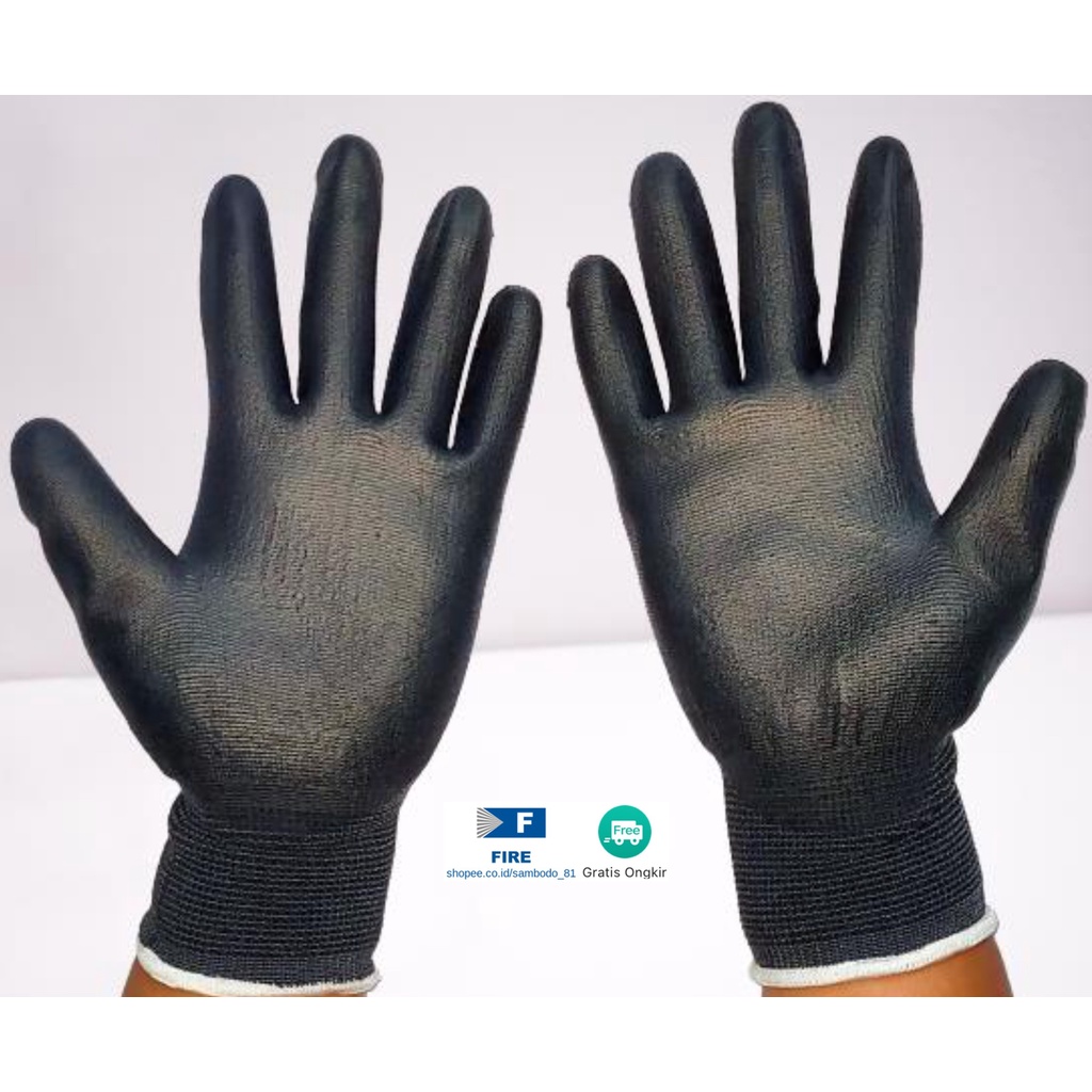 Sarung Tangan Ukuran S,M, L, XL Proyek Satpam Anti Slip Hitam Black Hand Gloves Mekanik Montir Berkebun Tukang Telapak Tangan dilapisi karet Bahan Nylon Polyester Elektronik Assembly Static Multi Purpose Polyurethane Kerja
