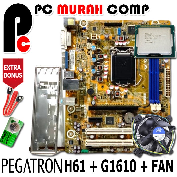 Mainboard Intel LGA 1155 H61 dengan Processor G1610 free Fan MURAH