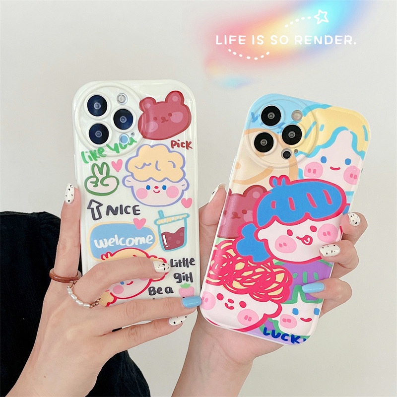 Soft Case Pelindung Penuh Desain Doodle Girl Tahan Banting Untuk Iphone 7 8 PLUS X XR XS 11 12 13 14 PRO MAX SE