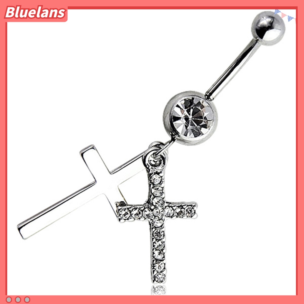 Bluelans Rhinestone Double Cross Dangle Navel Belly Button Barbell Ring Body Piercing Jewelry