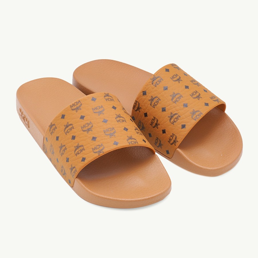 MCM Men Heritage Monogram Rubber Slides Cognac 100% Original