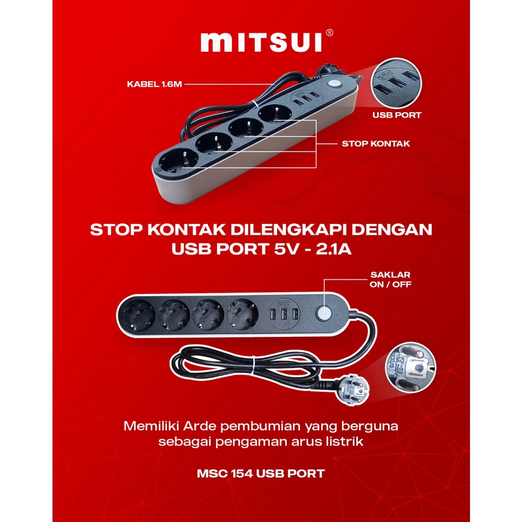 Mitsui Stop kontak Kabel 4 lubang+ 3 USB Port + Kabel 1,6 M Mitsui MSC 154