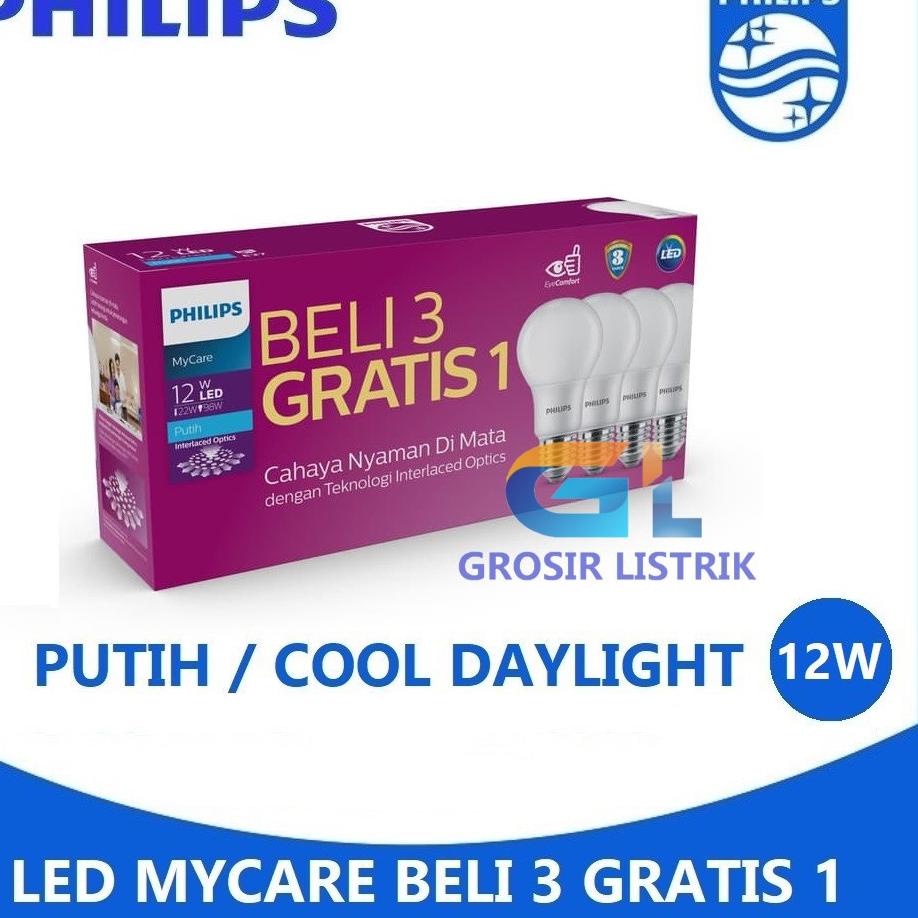 Lampu Philips LED Bulb MyCare Multipack 12W Putih (Paket 12 Watt W Beli 3 Gratis 1) LEDBulb Grosir "