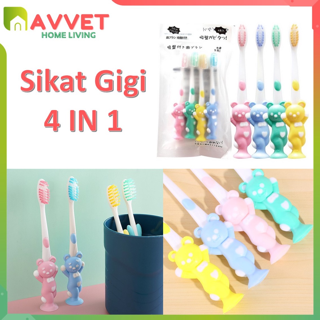 AVVET Sikat Gigi Anak 1 SET 4 PCS Tavel Toothbrush Double Care Sikat Gigi Halus &amp; Lembut Karakter Beruang Import Murah