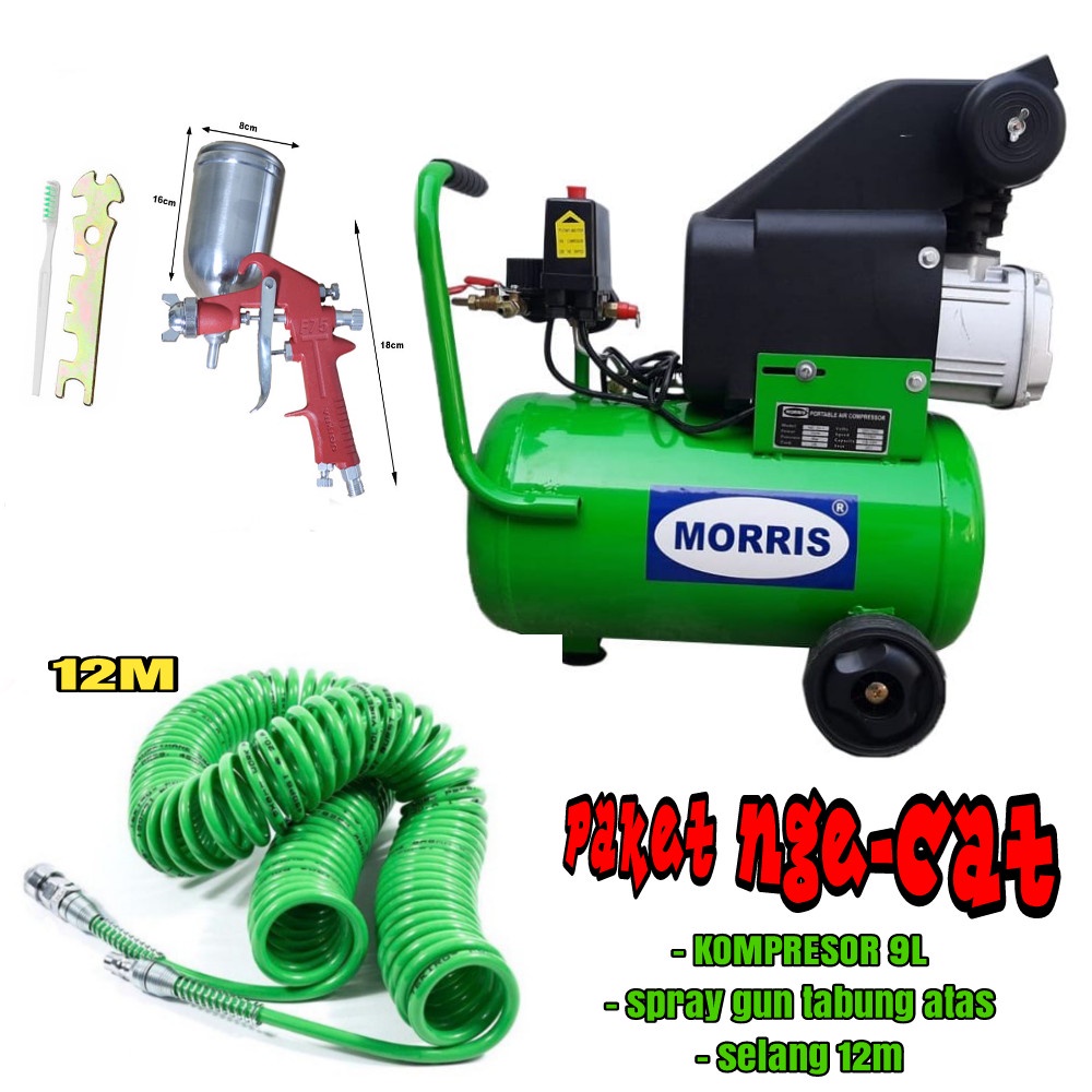 PAKET (5 ITEM) KOMPRESOR MORRIS Mesin Kompresor Listrik  3/4 0.75 HP 9 Liter OL07-09