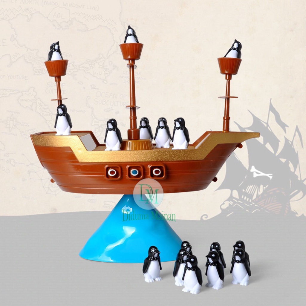 Mainan edukasi anak kapal bajak laut pinguin balancing board game set penguin balance on the pirates ship