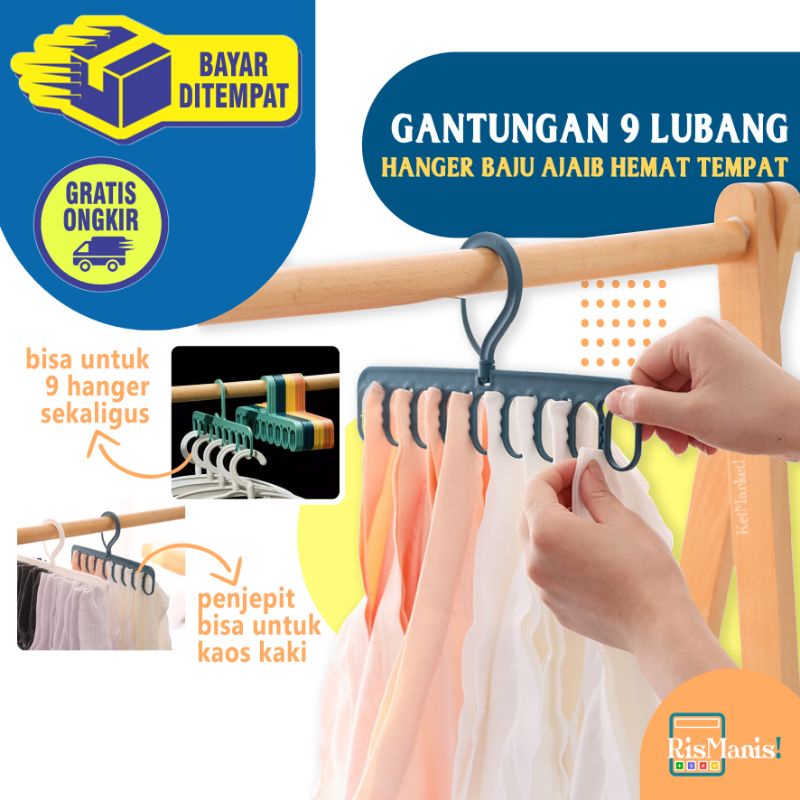 9 HOLES MAGIC HANGER - Gantungan Baju Hemat Tempat Penjepit Ajaib Hook o Lubang Cantolan Kaos Kaki Lemari Pakaian Pengait Waslap