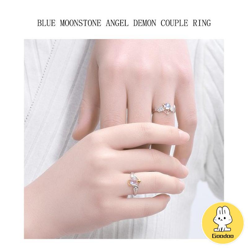 Perhiasan Cincin Pasangan Perak Biru Moonstone Malaikat Setan -Doo