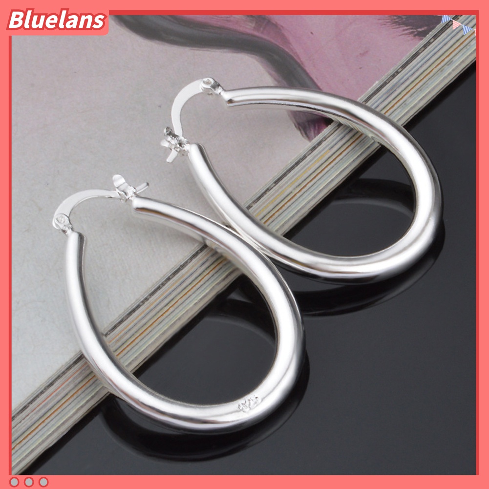 Bluelans Anting Hoop Bentuk Oval Besar Model Hollow Lapis Silver Untuk Wanita