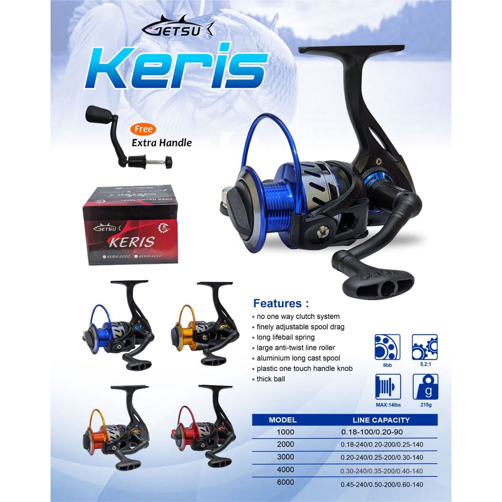 Reel Pancing Getsu Keris 1000, 2000 &amp; 3000 (8 Bearing) Bonus Handle Alumunium Spool - Engkus Fishing