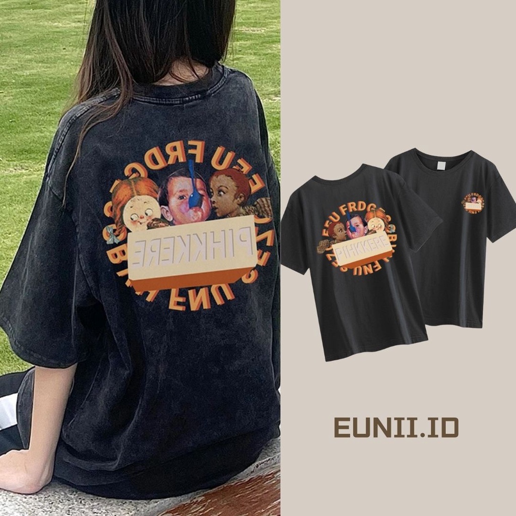 EUNII T-shirt Lengan Pendek Washed Dicuci Hitam Rasa Pencetakan Longgar Korean Style/Kaos Atasan Wanita/Baju Kaus Oversize Wanita