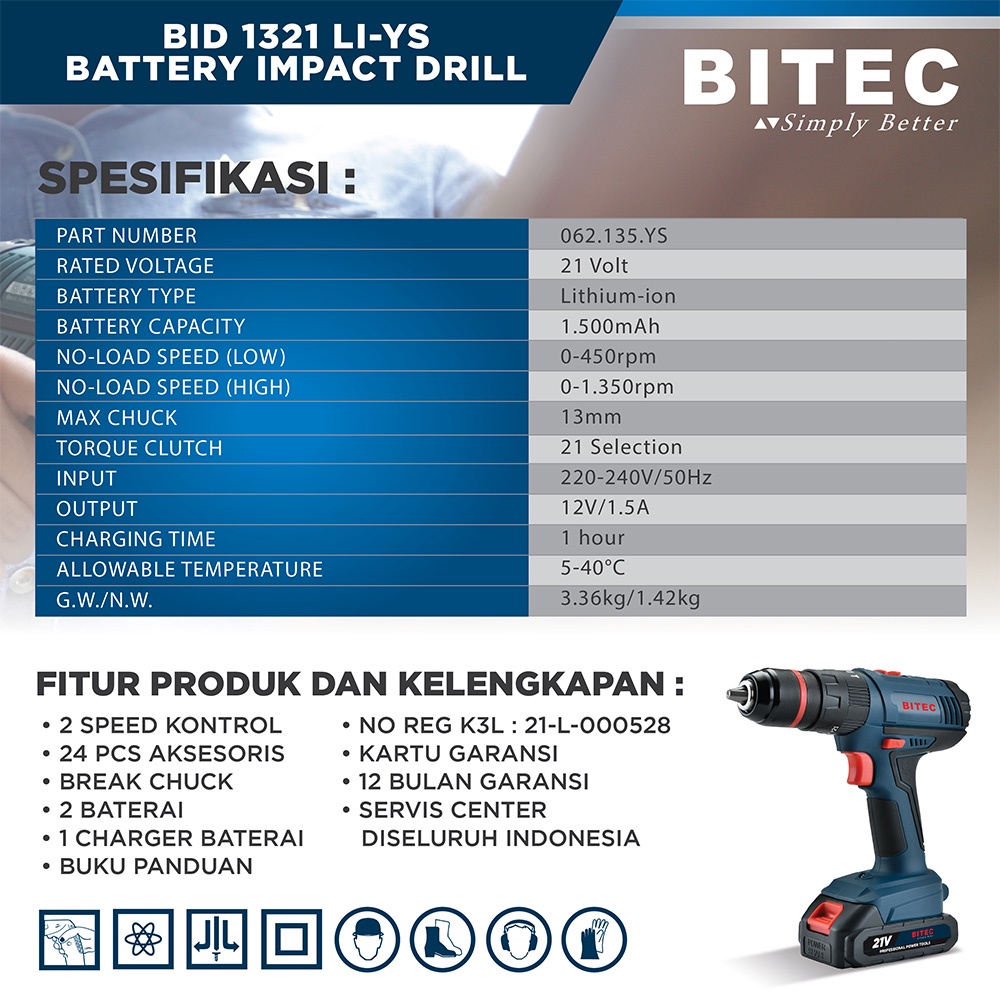 Bitec Mesin Bor Baterai Professional 1500Mah - 13 MM - BID 1321 Li-Ys