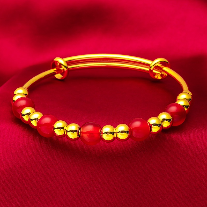 Goldkingdom Fashion Perhiasan Emas Asli Kadar 375 Bangkok Aksesoris Ready Stock 8mm Agate Adjustable Gelang Dorong Tarik Lebar Gelang Agate Wanita