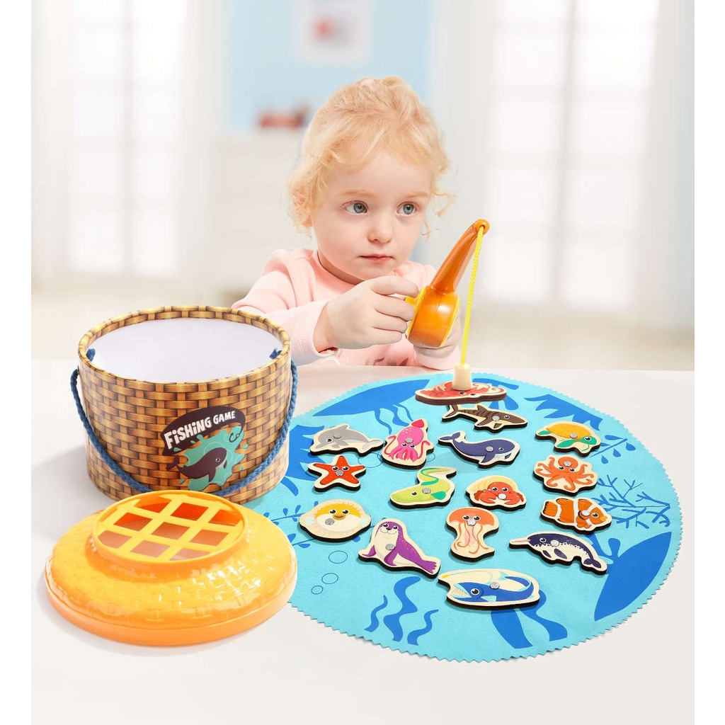 TopBright Mainan Anak Pancing Ikan Magnet Kayu Edukasi Fishing Game Pancingan