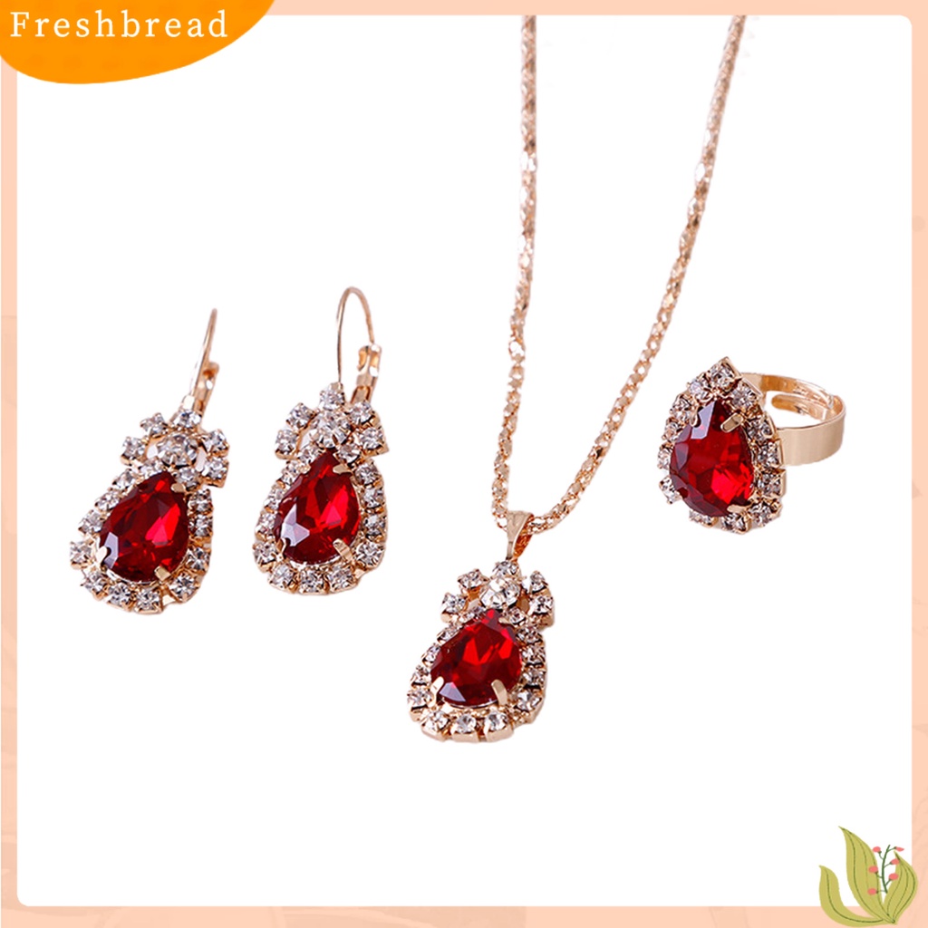 3pcs / Set Kalung Anting Cincin Liontin Water Drop Bahan Alloy Aksen Berlian Imitasi Untuk Wanita