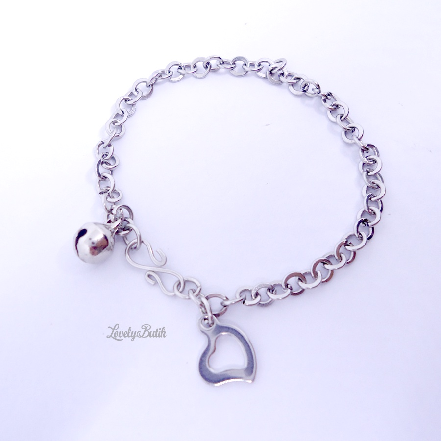 Lovelybutik - Gelang Tangan Bayi Monel Rantai Kerincing Krincing Baby 0-2 Tahun Model Terbaru Love Frame Kecil Krincingan Baja Putih Stainless Steel