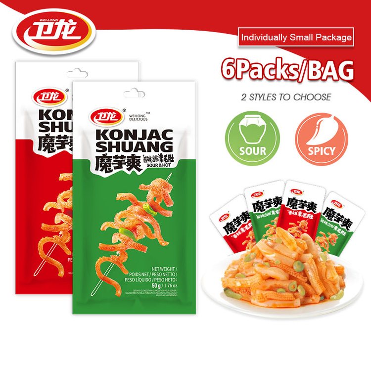 

Weilong Konjac Shuang Su Maodu strip daging sapi pedas tipis net sutra merah makanan ringan kasual vegetarian 50gr