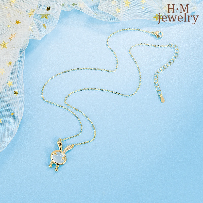 Kalung Rantai Dengan Liontin Kelinci Chalcedony Mewah Warna Putih Untuk Wanita