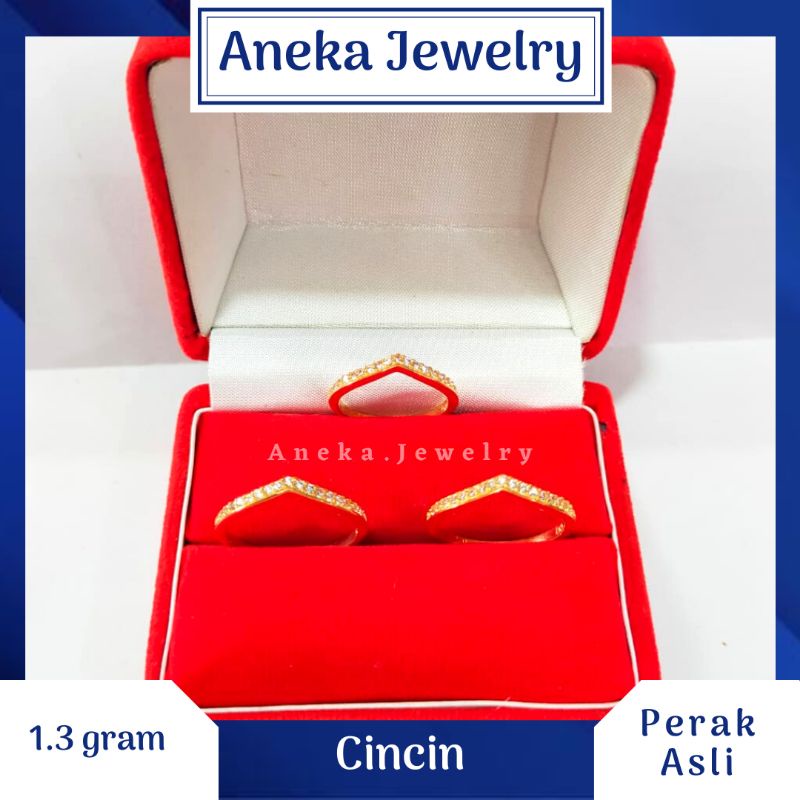 Cincin V Sebaris Full Mata-Mata, Perak 925, Sepuh Emas Kuning