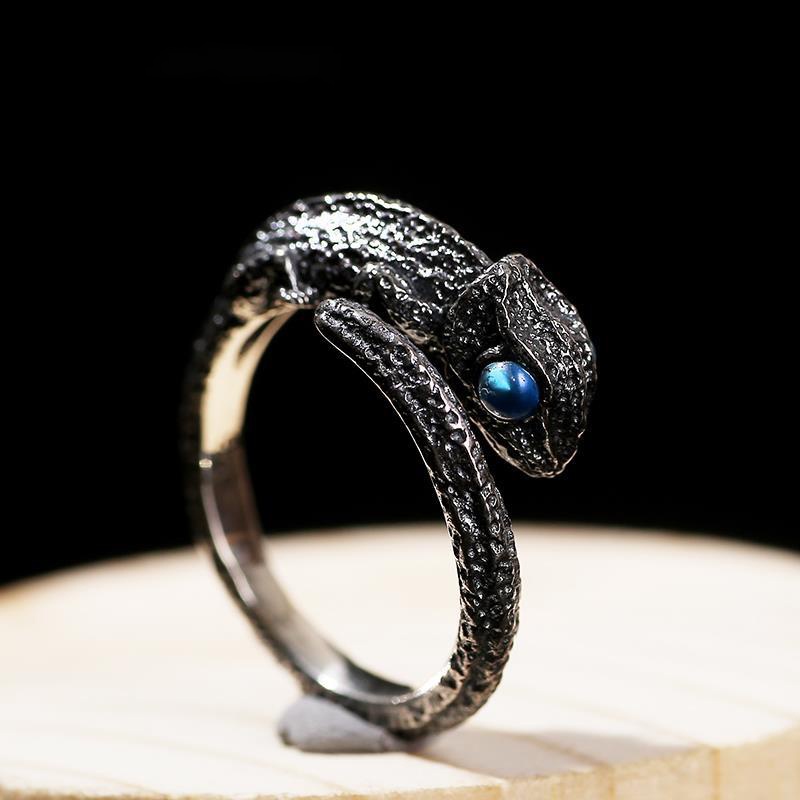 Lizard Cincin Lapis Silver Model Terbuka Adjustable Gaya Hip Hop Untuk Pria