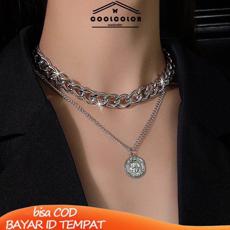 Ready Stock❤️Kalung titanium pria emas Rantai Double Layer Dengan Liontin Wanita Gaya Hip Hop kecenderungan fashion murah COD