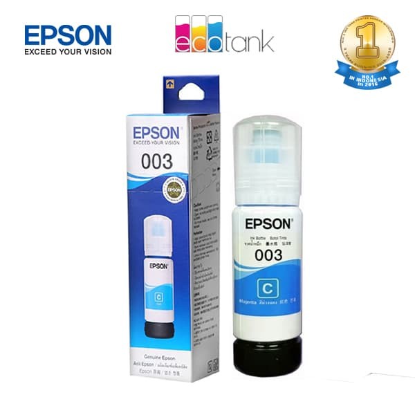 Epson Ink Bottles 003 Colour Cyan | Tinta Botol Printer Warna Biru Untuk Printer Epson Seri L3110, L1110, L1200, L3200, L5100, L3150, L5190, L3156, L3116 ) Geniune Origianl Bisa Scan Barcode