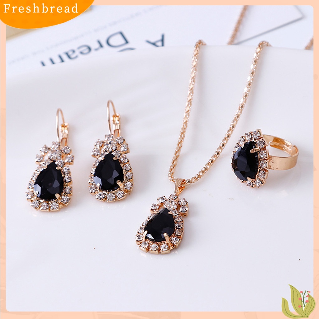 3pcs / Set Kalung Anting Cincin Liontin Water Drop Bahan Alloy Aksen Berlian Imitasi Untuk Wanita