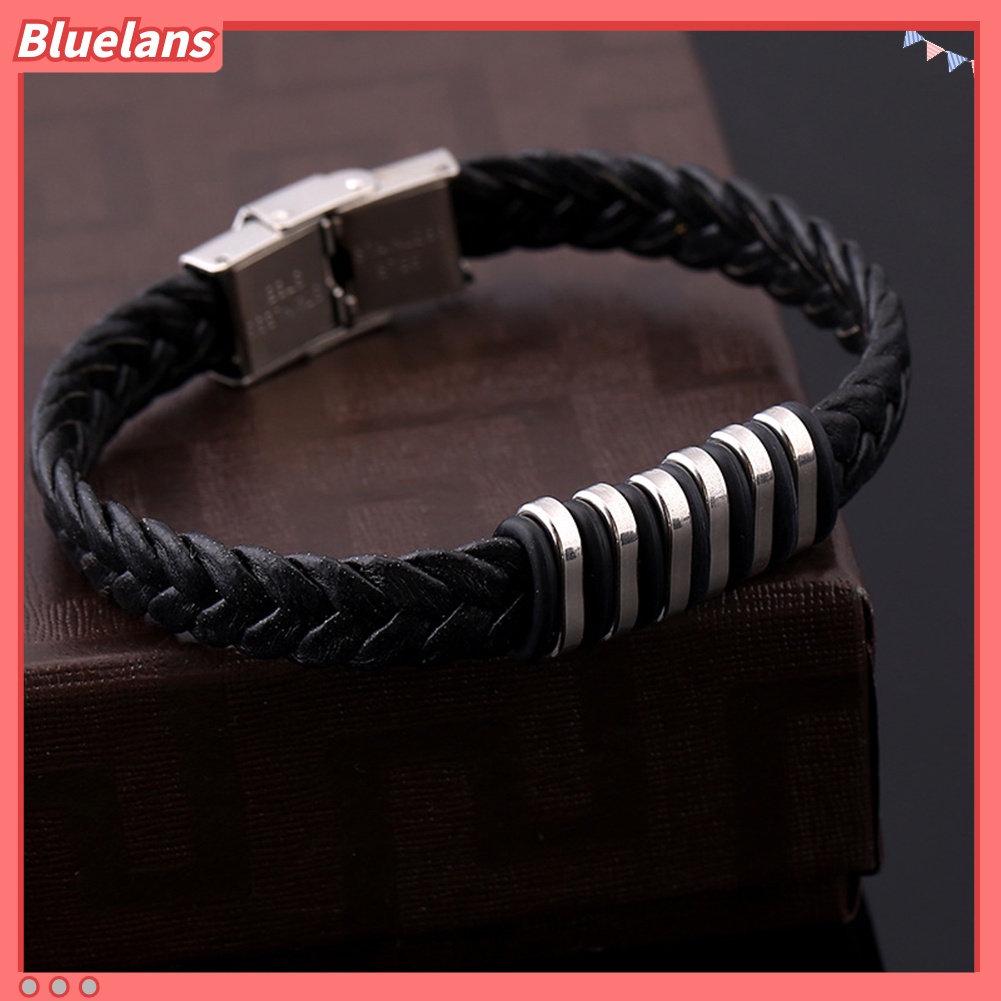 [bluelans]Braided Faux Leather Wristband Titanium Steel Men Bracelet Punk Bangle Jewelry