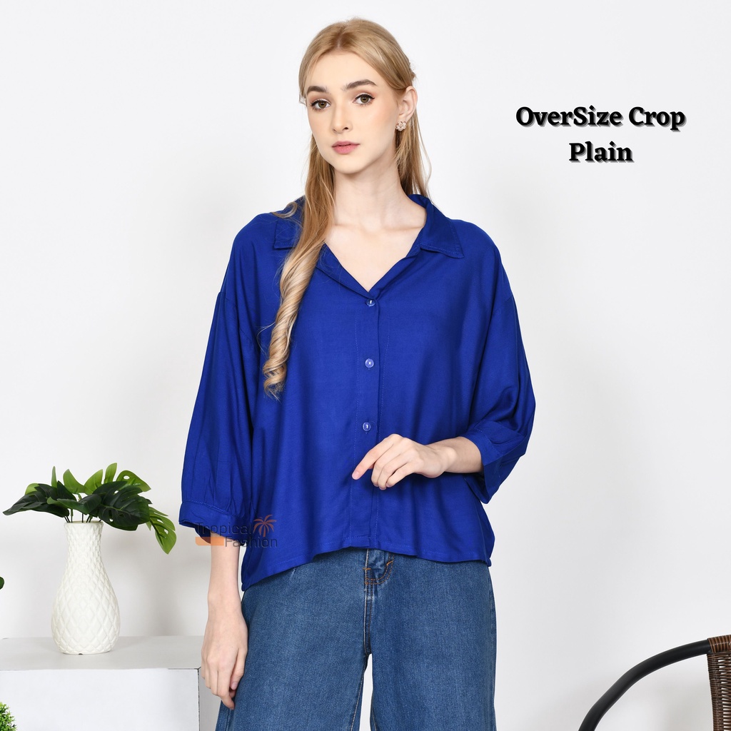 Kemeja Wanita OverSize Crop POLOS Garis Terbaru Kekinian l Cwek Style Korea