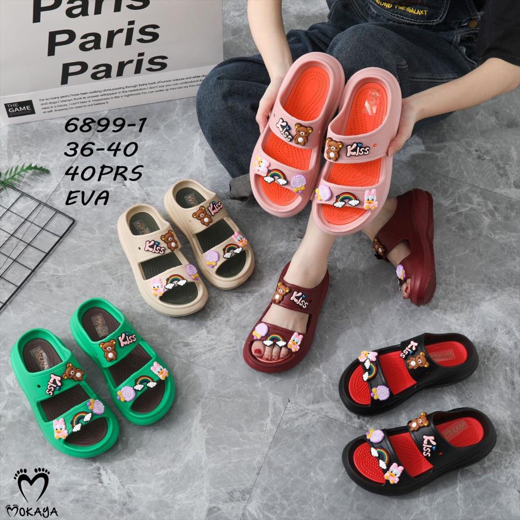 Sandal Wedges Eva Wanita Ban 2 Mainan Jibbitz Motif Bear &amp; Bunny Pita Kiss Super Cantik Keren Lucu Trendy Import Mokaya / Size 36-40 (6899-1 &amp; 6899-2)