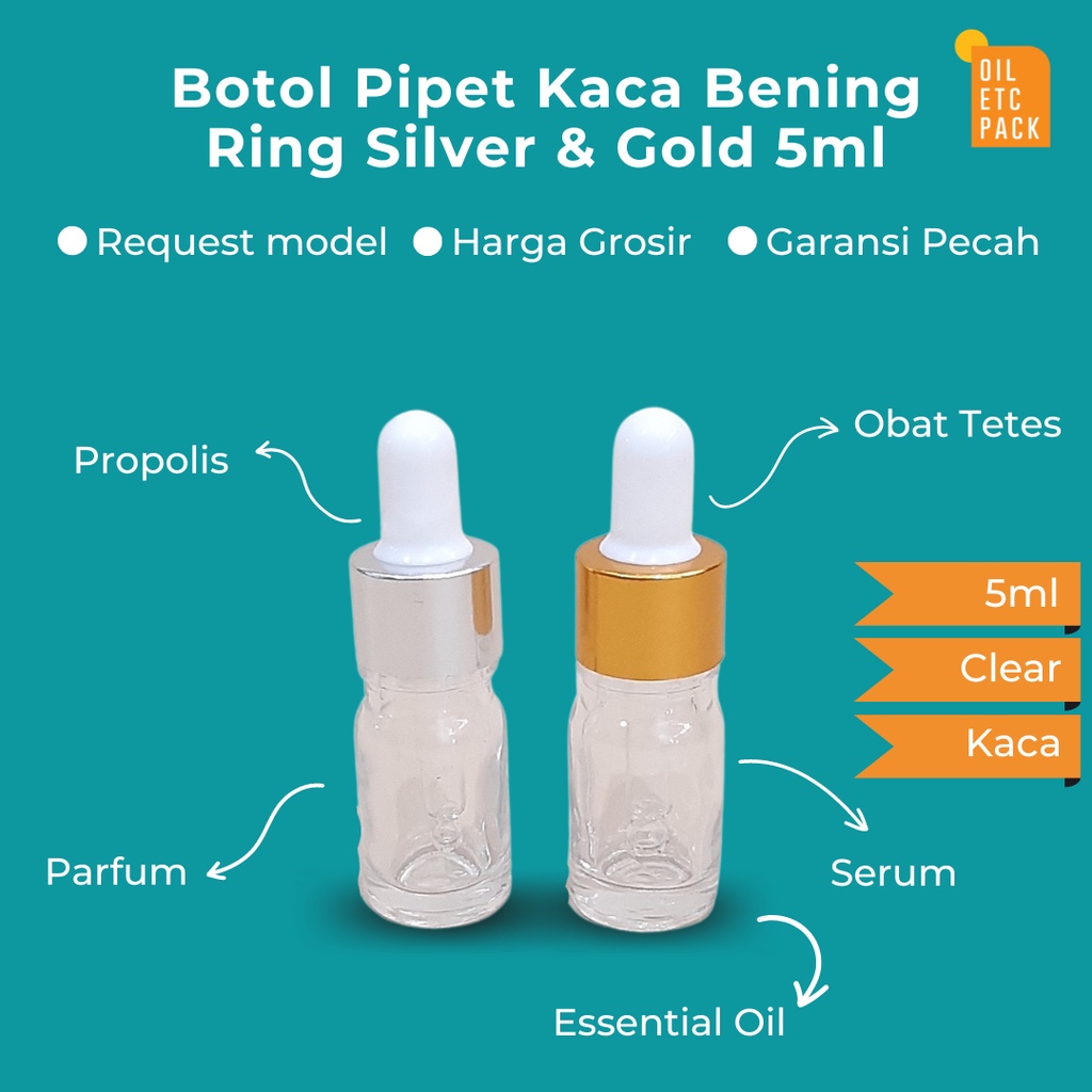 Botol Pipet Dropper Kaca Mini Clear Ring Silver &amp; Gold 5ml Tebal / Wadah Kosong Refill Serum &amp; Parfum &amp; Oil &amp; Tetes Mata &amp; Propolis / Travel Kit Murah