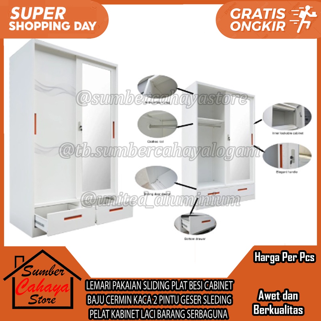 LEMARI PAKAIAN SLIDING PLAT BESI CABINET BAJU CERMIN KACA 2 PINTU GESER SLEDING PELAT KABINET LACI B