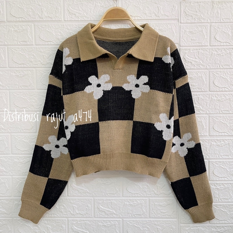 FAMELA ATASAN  SWEATER RAJUT CROP  KERAH MOTIF KOTAK KOTAK BUNGA WANITA