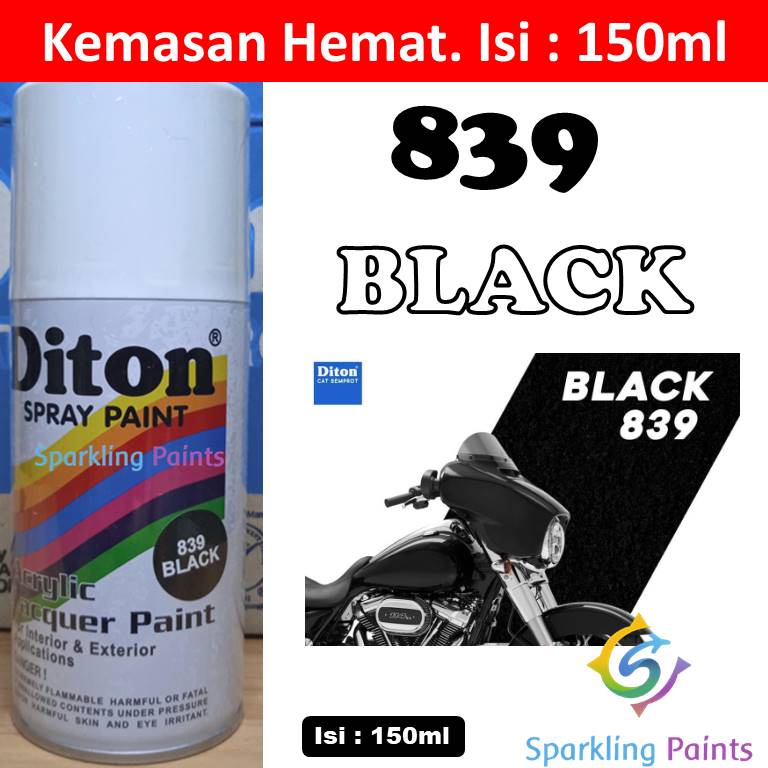 Pilox Diton Black 839 Hitam Glossy Mengkilap Kilap Gloss 150ml Ekonomi Ekonomis Hemat Kaleng kecil Warna Hitam Mengkilap pilok sepeda motor mobil velg mesin