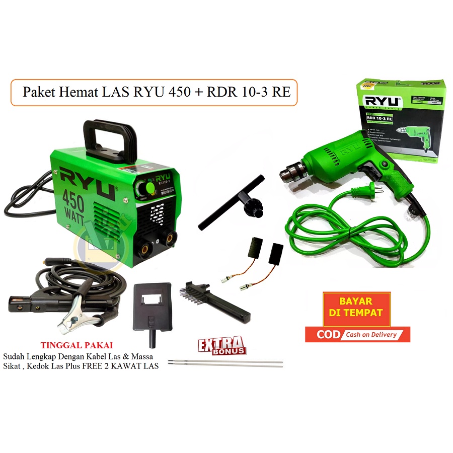 PAKET Hemat 2IN1 Mesin Travo Las RII 120-2 450 watt Mesin Las 450 Watt RYU 120a Trafo Travo Las + Mesin Bor Ryu 10 mm RDR 10-3 RE