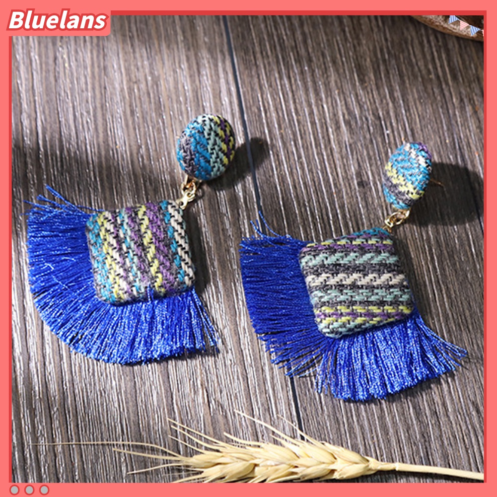 Anting Stud Rumbai Bentuk Kipas Belah Ketupat Gaya Retro Untuk Perhiasan Wanita
