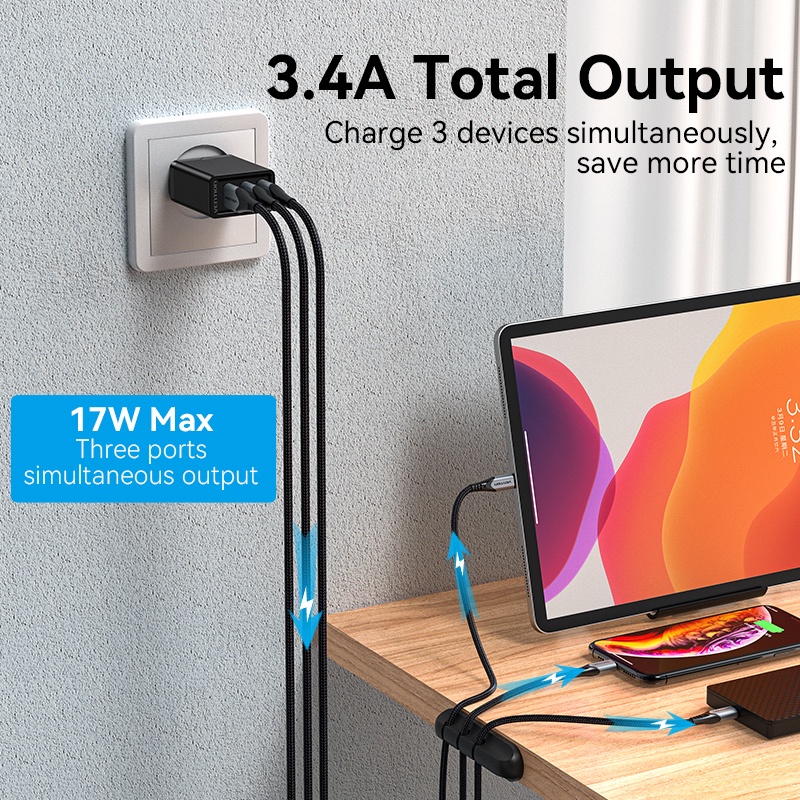 Vention Adaptor Kepala Charger 3in1 USB-A 17W Apple Samsung Xiaomi FEA