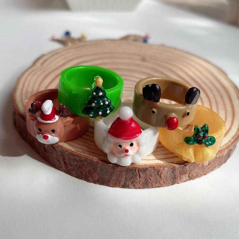 Cincin Desain Kartun Hewan Rusa Santa Claus Pohon Natal Bahan Resin Akrilik Untuk Wanita