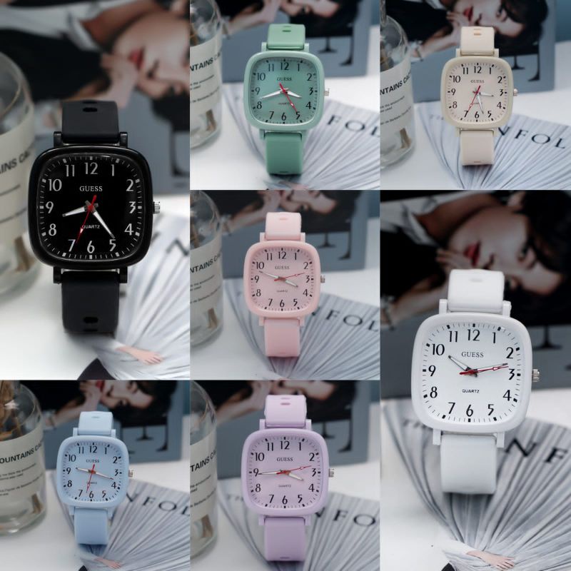 BAJ BAJ AM TANGAN WANITA PRIA ANALOG QUARTZ RUBBER WATCH GROSIR KOTAK PERSEGI HIGH QUALITY RM059